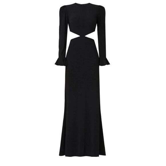 NEW $398 Mac‎ Duggal Size 6 Black Puff Long Bell Sleeve Cut Out Maxi Gown Dress - Picture 4 of 4